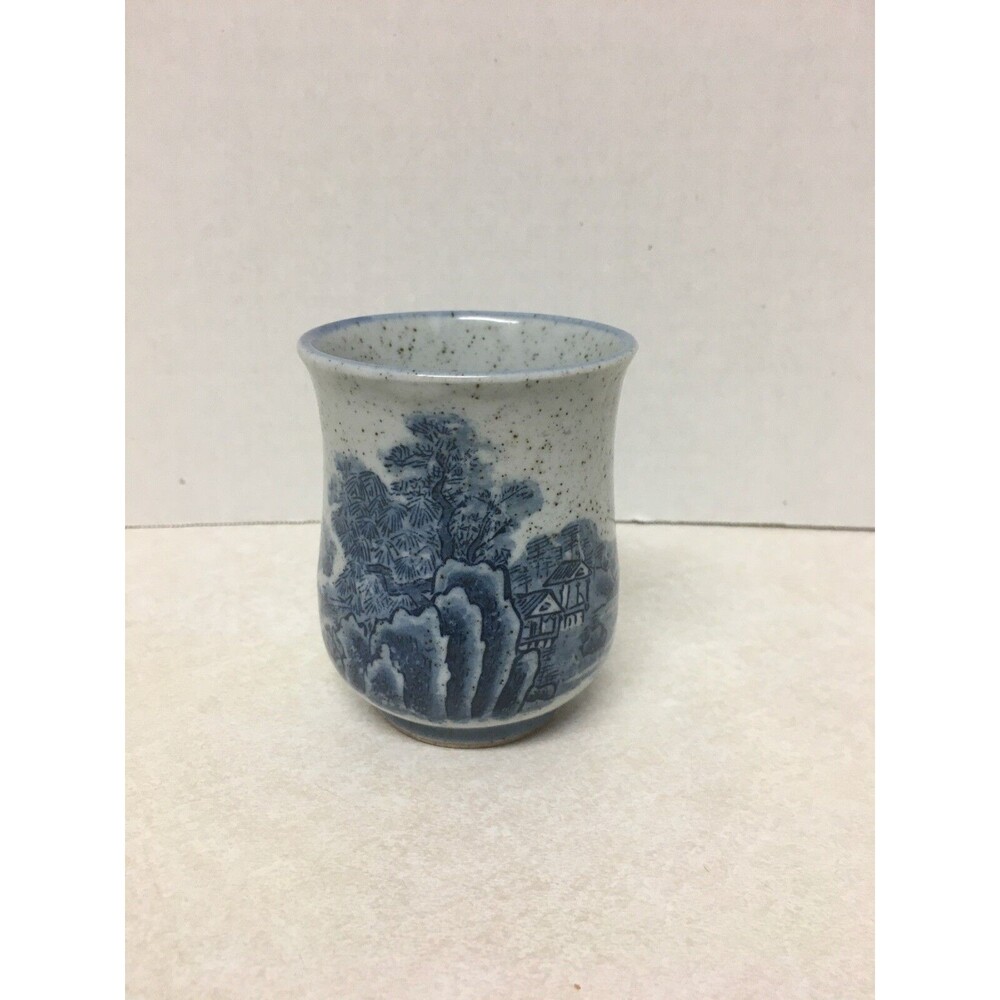Asian Porcelain Blue & Grey Scenery Design Tea Cup 3" H